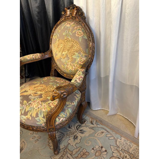 Brown Late 20th Century Ornate French Transitional Style Carved Ram's Head Armchair in Leopard Tapestry For Sale - Image 8 of 13