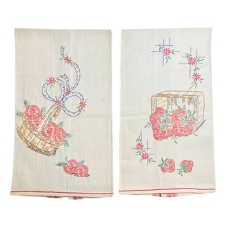 Vintage 1950s Linen Tea Towels: Embroidered Fruit Baskets, Red Trim - a Pair For Sale