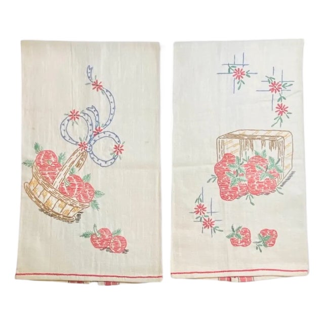 Vintage 1950s Linen Tea Towels: Embroidered Fruit Baskets, Red Trim - a Pair For Sale