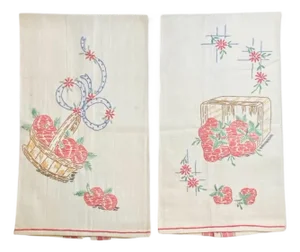 Vintage 1950s Linen Tea Towels: Embroidered Fruit Baskets, Red Trim - a Pair