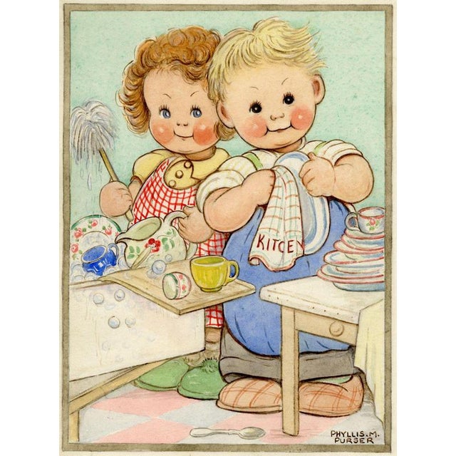 Phyllis M. Purser, Girl & Boy 'Perfect Husband' Washing Up, 1950, Watercolour For Sale - Image 4 of 4