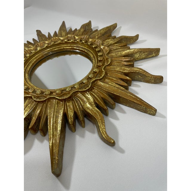 Glass Vintage 16.5" French Style Gilded Resin Sunburst Wall Mirror For Sale - Image 7 of 16