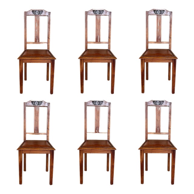 1930s 40s Modernist Set of Six French Art Deco Oak Dining Chairs Charles Dudouyt For Sale
