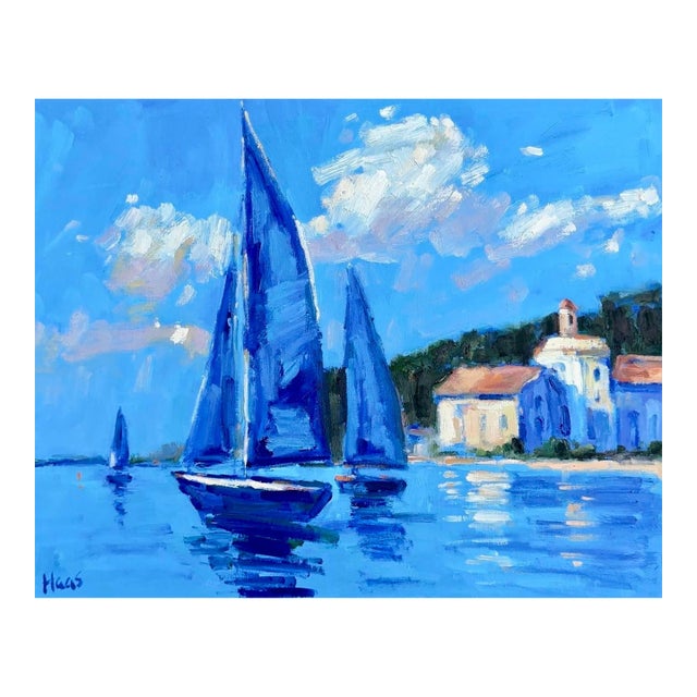Blue Harbor Morning, Modern Impressionist Oil Painting Seascape For Sale