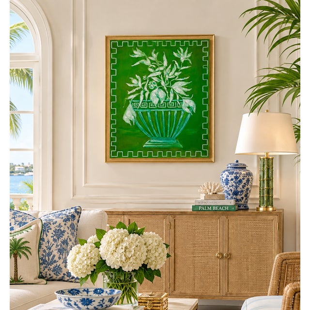 The intricate Greek key border framing the composition adds architectural refinement, while the loose, expressive...