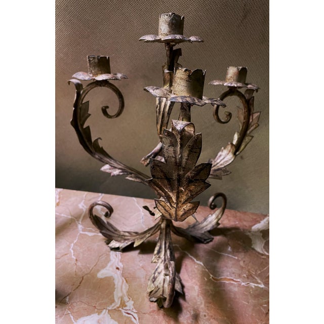 Silver Mid 20th Century Pair of Italian Silver Gilt Tole 4 Light Candelabra Candle Holder Lights Leaf & Swirl For Sale - Image 8 of 11