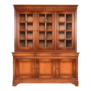 Grange French Louis Philippe Carved Cherry Wood Breakfront Bookcase Cabinet, Circa 1960s For Sale