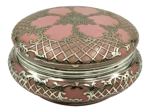 Antique Sterling Silver Pink Porcelain Vanity Powder Jar Trinket Box