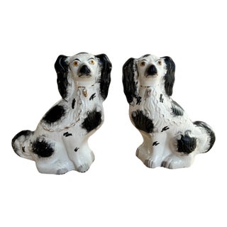 Antique Late 19th Century Large English Staffordshire Black & White Spaniels - A Pair For Sale
