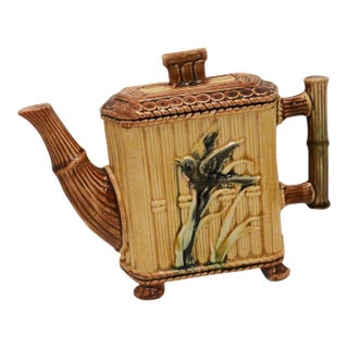 Victorian Majolica Faux Bamboo Teapot With Relief Songbird Motif, Circa 1890 For Sale