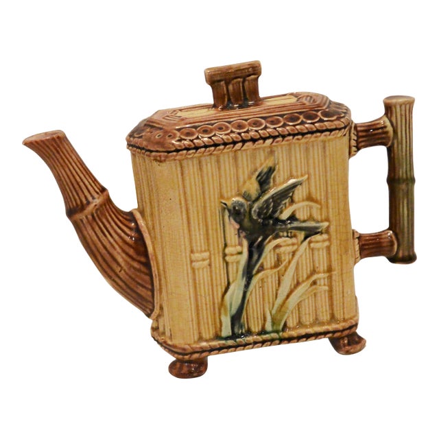 Victorian Majolica Faux Bamboo Teapot With Relief Songbird Motif, Circa 1890 For Sale