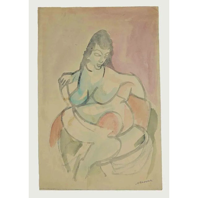 Mother and Child is an original China Ink and Watercolor realized by Mino Maccari in the Mid-20th Century. Good condition...