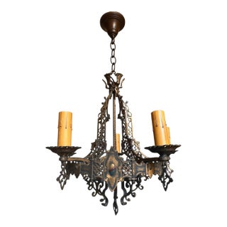 Antique Spanish Revival 5 Light Chandelier With Original Polychrome Paint For Sale