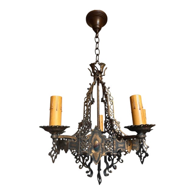 Antique Spanish Revival 5 Light Chandelier With Original Polychrome Paint For Sale