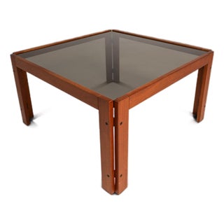 Mid-Century Danish Modern Coffee Table After Afra & Tobia Scarpa for Cassina in Teak Wood W/ Smoked Glass, C. 1970s For Sale