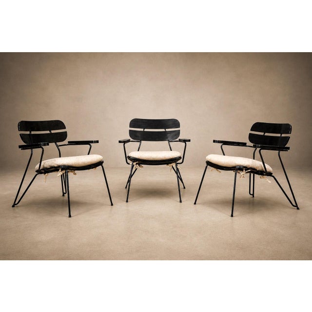 Three Armchairs in Ebonized Wood & Metal With Loose Cushion, Carlo Hauner, 1950s For Sale - Image 15 of 18
