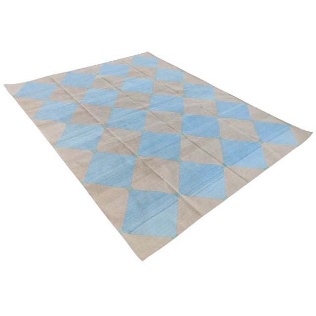 Handmade Cotton Area Rug Natural Vegetable Dyed Reversible Beige Blue Tile Pattern Rug - 10'x14' For Sale - Image 11 of 11