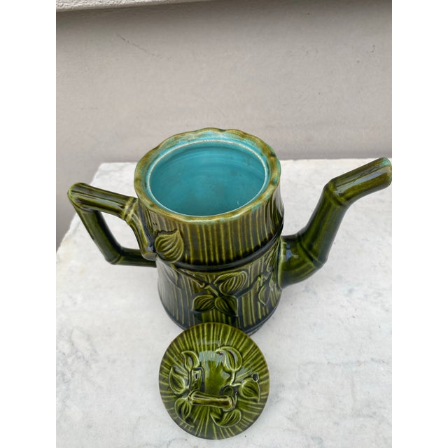 19th Century French Green Majolica Bamboo Teapot Salins For Sale - Image 4 of 9