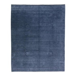 Modern Gabbeh Hand-Loom Solid Blue Wool Rug With Minimal Design For Sale