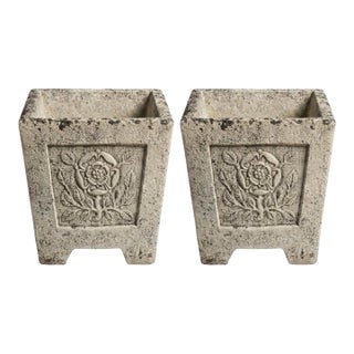Pair of English Tudor Style Cast Stone Rose Planters For Sale