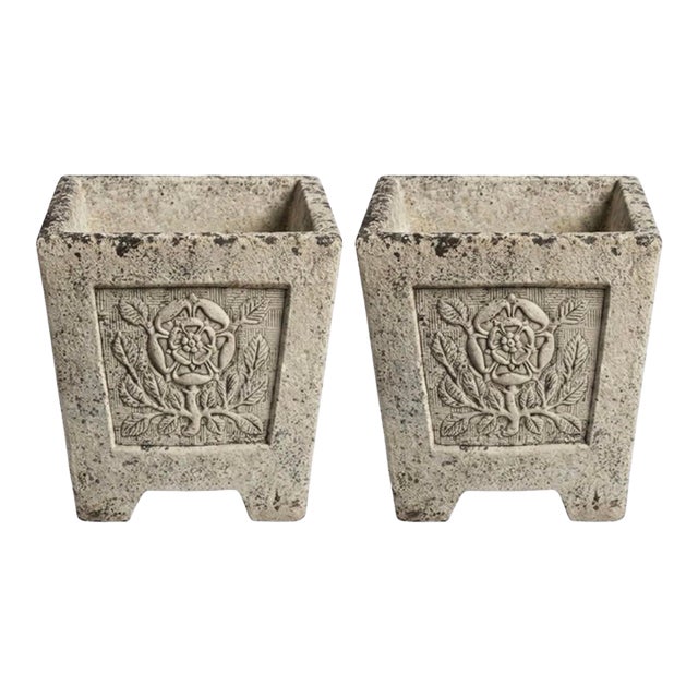 Pair of English Tudor Style Cast Stone Rose Planters For Sale