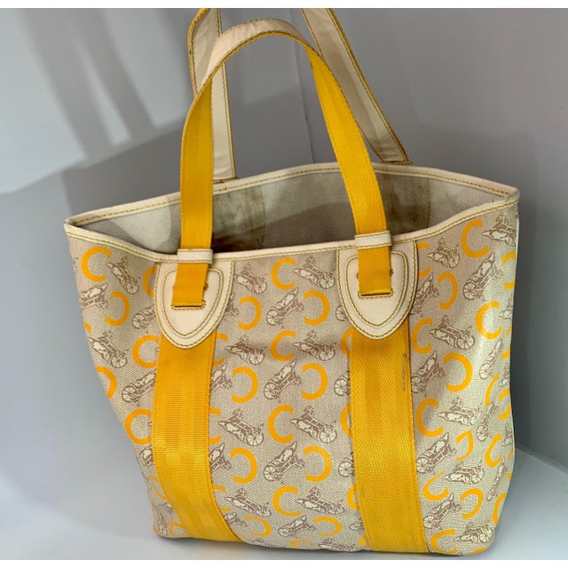 Plastic Pre-Loved Celine Yellow Beige Canvas Coated PVC Plastic Macadam Tote Bag For Sale - Image 7 of 18