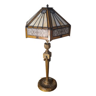 Antique Bronze Base Lamp with Handmade Stained Glass Lampshade, 1890 For Sale