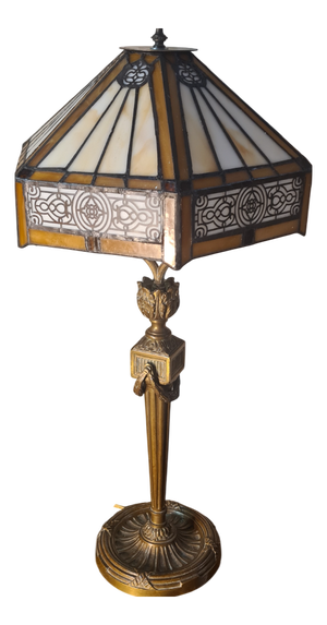 Antique Bronze Base Lamp with Handmade Stained Glass Lampshade, 1890