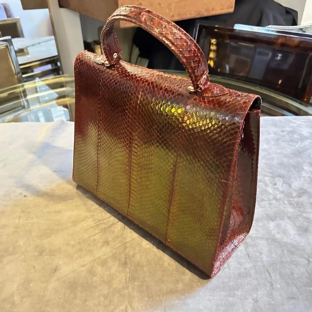 Animal Skin An Elegant 1970s Brown Leather and Brass Kelly Hand Bag For Sale - Image 7 of 13