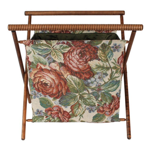 Vintage Folding X-Base Knitting/Sewing Basket W/ Floral Motif For Sale