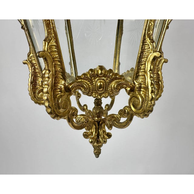 Vintage Ceiling Lantern in Bronze with Etched Glass Panels, 1930s For Sale - Image 4 of 11