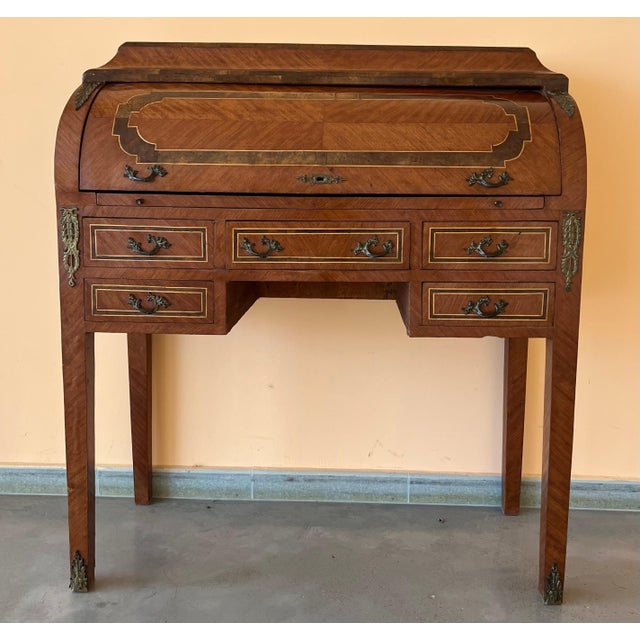 Victorian Sheraton Revival Cylinder Bureau, writing Desk with marquetry, circa 1890 For Sale - Image 3 of 18
