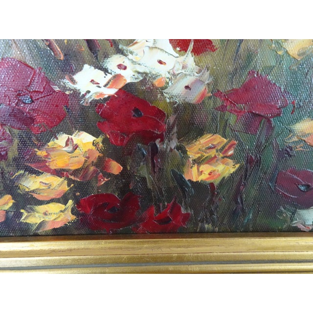 Vintage Oil on Canvas Red Field of Flowers Painting Picture in Gold Frame For Sale - Image 9 of 16