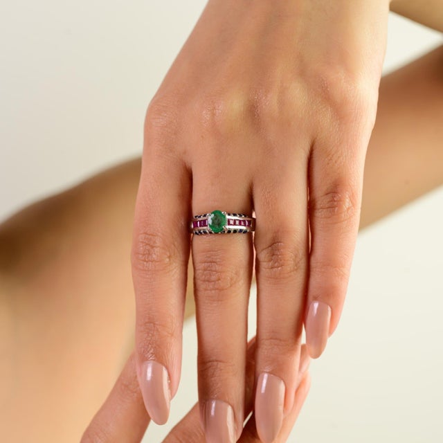 Unique Design Emerald Ruby Diamond Statement Ring Crafted in 925 Silver - Size 7.5 For Sale - Image 6 of 10