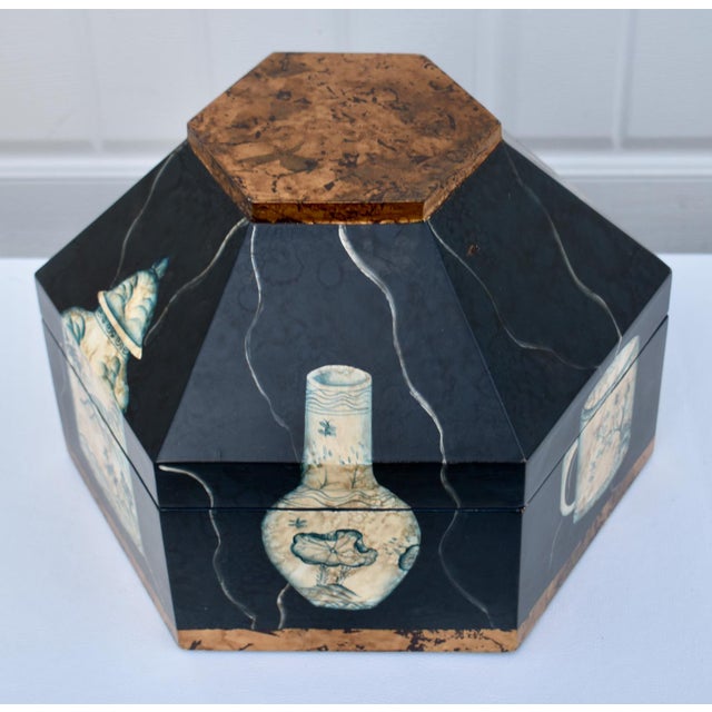 Vtg. Hexagonal Shaped Box With Asian Style Vessels For Sale - Image 4 of 15