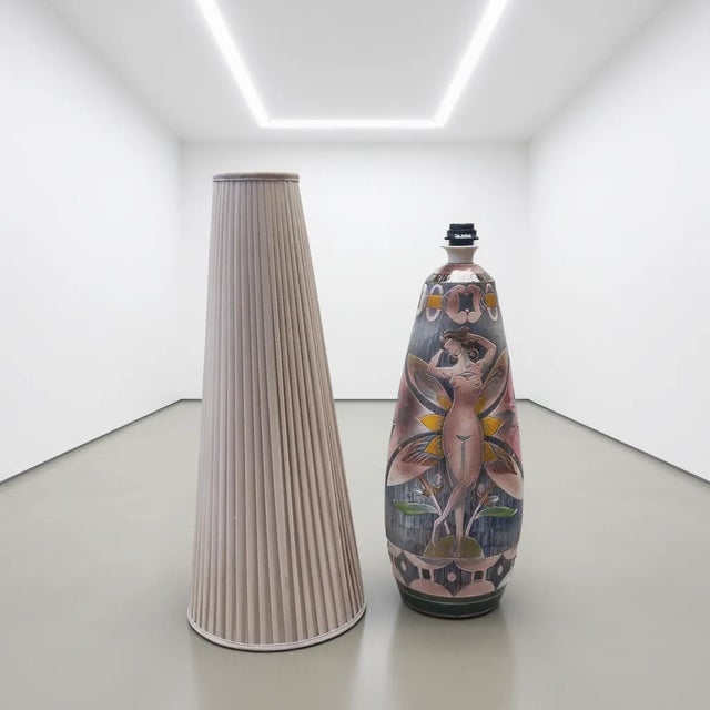 Exceptional earthenware floor or table lamp by Tilgmans Keramik, Sweden, artist-signed A.Z. and dated 1964. The tall...