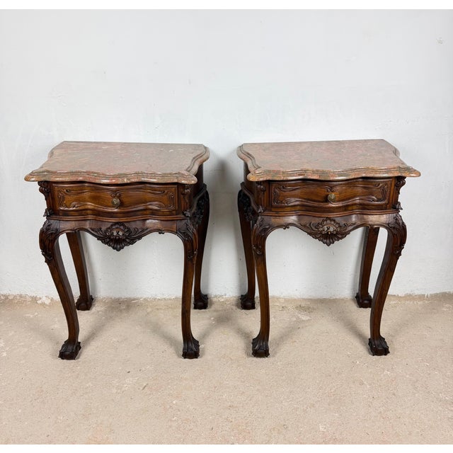 Rococo Pair of French Louis XV Style Nightstands with Marble Tops For Sale - Image 3 of 15