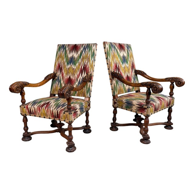 Antique Armchairs in Walnut with Ikat Pattern, Late 19th Century, Set of 2 For Sale