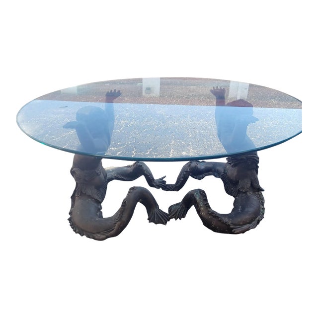 1970s Neoclassical Italian Bronze Glass Table Putti DI Sea Mermen For Sale