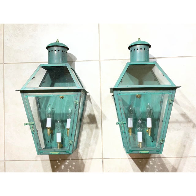 American Pair of Architectural Copper Lantern / Sconces Wall Hanging For Sale - Image 3 of 15