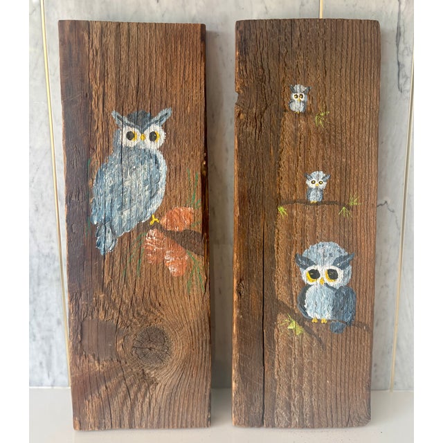 Farmhouse Late 20th Century Folk Art Owl Paintings on Reclaimed Wood, a Pair For Sale - Image 3 of 9