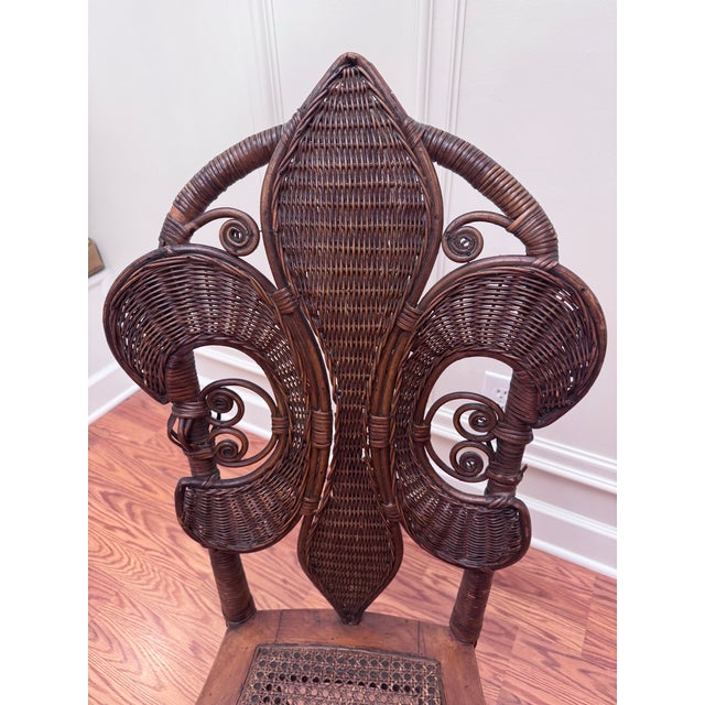 Brown Antique Art Nouveau "Fleur De Lis" Wicker & Cane Solid Wood Accent Chair in the Style of Heywood-Wakefield For Sale - Image 8 of 12