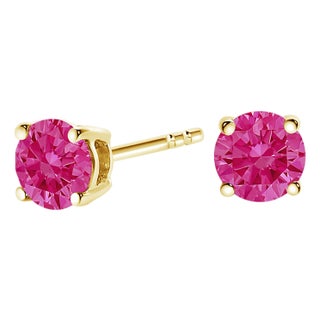 14K Yellow Gold 1/2 Cttw Round Brilliant Cut Lab Grown Pink Diamond 4-Prong Classic Solitaire Earrings (Pink Color, VVS2-VS1 Clarity) For Sale