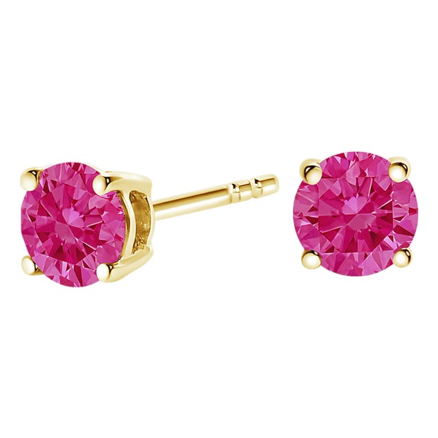 14K Yellow Gold 1/2 Cttw Round Brilliant Cut Lab Grown Pink Diamond 4-Prong Classic Solitaire Earrings (Pink Color, VVS2-VS1 Clarity) For Sale