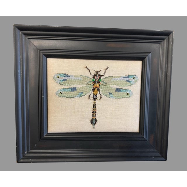 Art Nouveau Vintage Dragonfly Orange Body Framed Beaded Needlework For Sale - Image 3 of 4