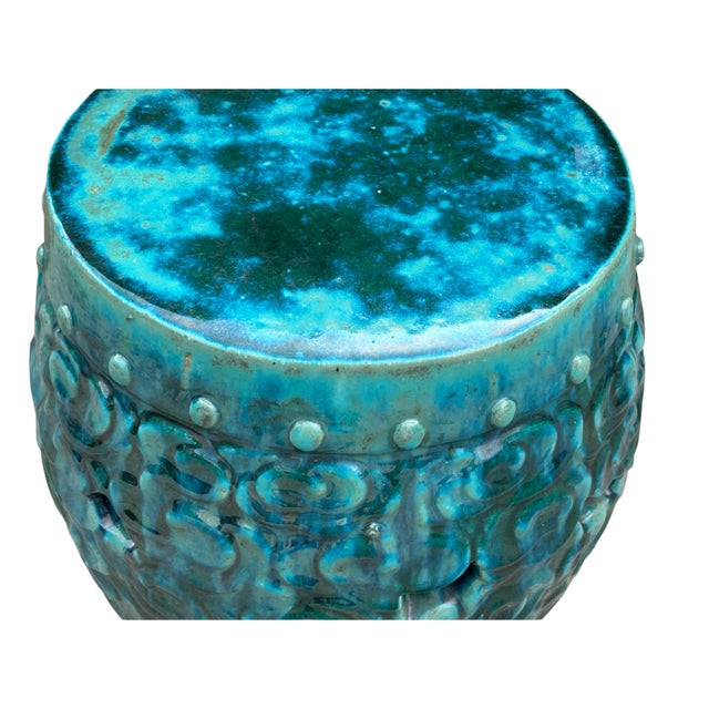 Green Teal Turquoise Swirl Cloud Pattern Round Ceramic Stool Table For Sale - Image 9 of 9