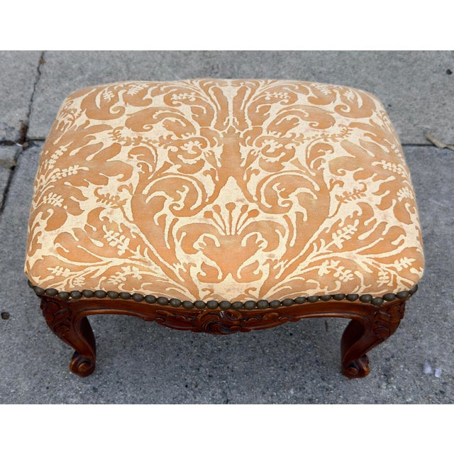 Fortuny Antique Louis XV French Provincial Footstool With Fortuny Seat For Sale - Image 4 of 7