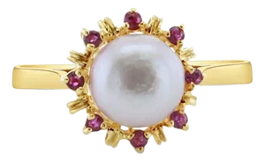 8MM Pearl Ring with Ruby Halo 14k Yellow Gold, Size 3