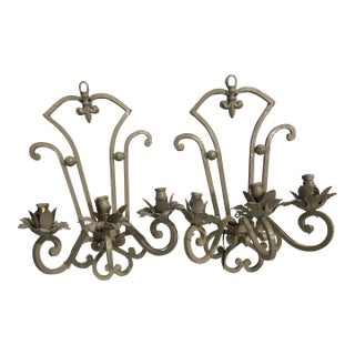 1970s French Painted Wrought Iron 3 Light Floral Wall Sconces - Pair For Sale