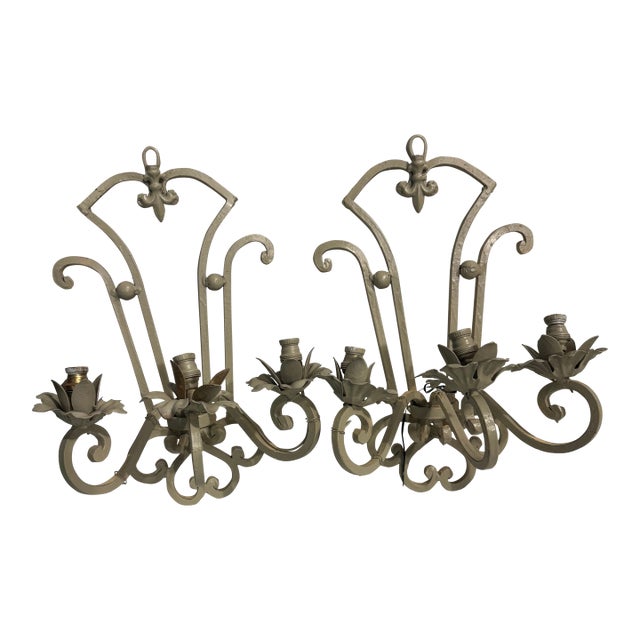 1970s French Painted Wrought Iron 3 Light Floral Wall Sconces - Pair For Sale